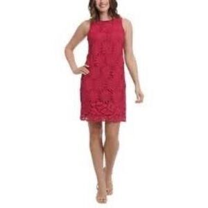 London Times Sz 12 Embroidered Daisy Floral Overlay Sheath Dress Red Sleeveless